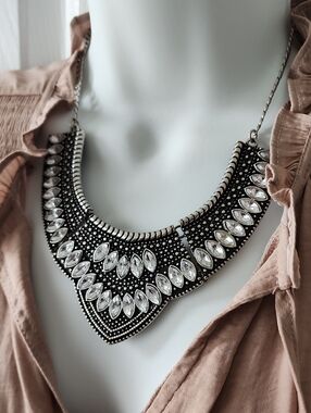 Silver-Tone Black and Clear Statement Necklace - Elegant Bib Necklace